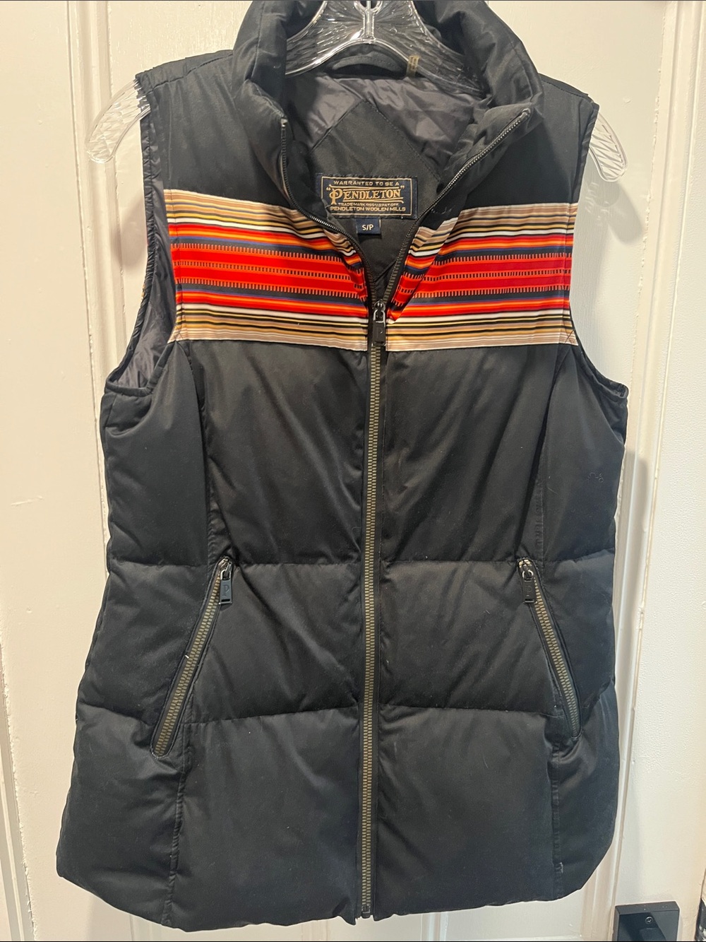 Pendleton Black Puffer Vest with Multicolor Striped Yoke